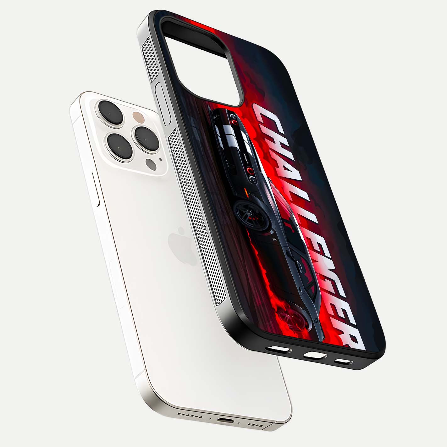 Crimson Challenger Fury Glass Case for iPhone 15 Pro Max floating mockup showing HD gloss and sleek shine