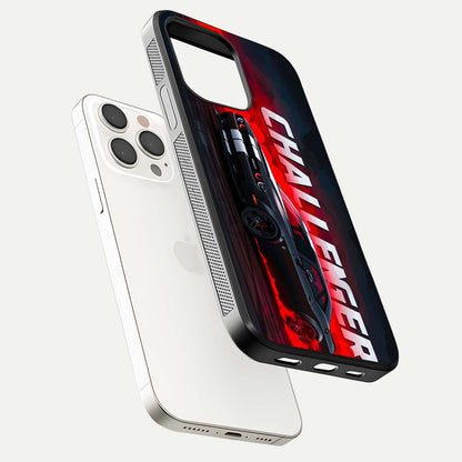 Crimson Challenger Fury Glass Case for iPhone 15 Pro Max floating mockup showing HD gloss and sleek shine