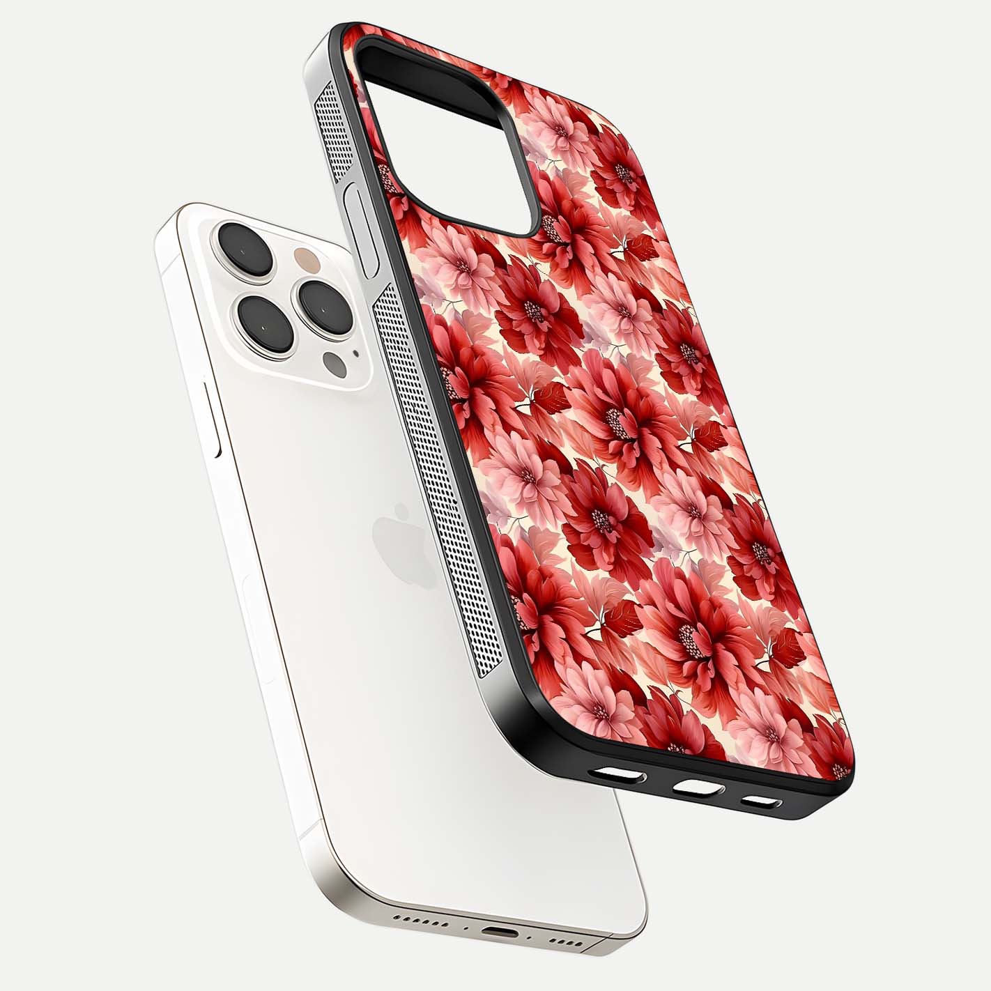 Crimson Love Petals Glass Case for iPhone 15 Pro Max floating mockup showing HD gloss and vivid detail