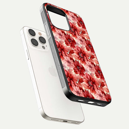 Crimson Love Petals Glass Case for iPhone 15 Pro Max floating mockup showing HD gloss and vivid detail