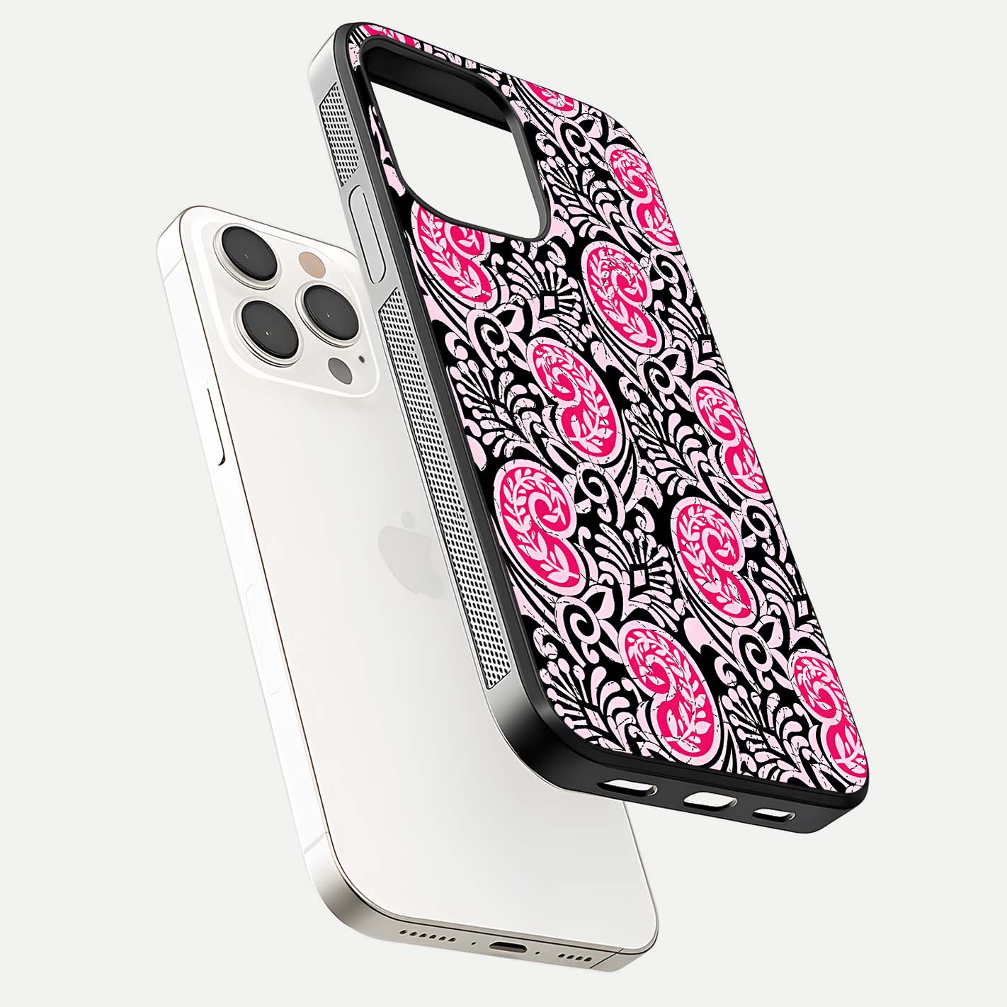 Crimson Paisley Charm Glass Case for iPhone 15 Pro Max floating mockup showing gloss shine and texture clarity