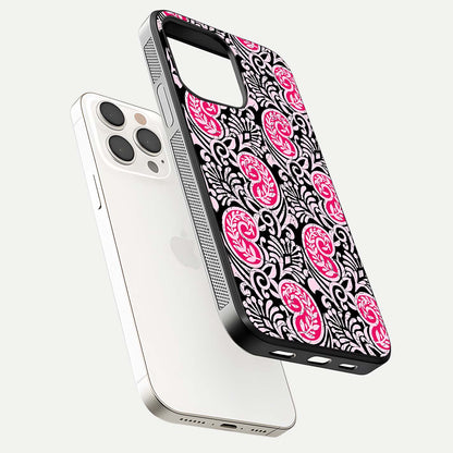 Crimson Paisley Charm Glass Case for iPhone 15 Pro Max floating mockup showing gloss shine and texture clarity