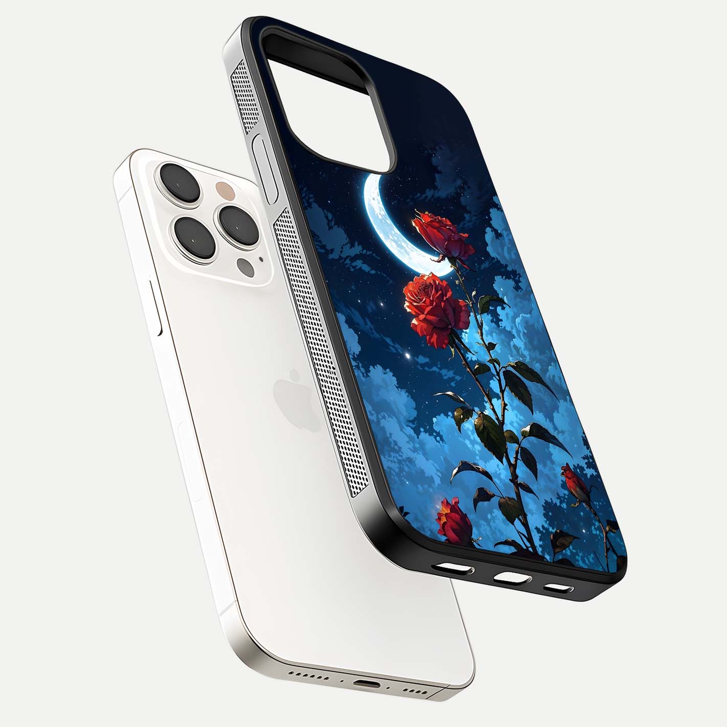 Crimson Rose Moon Glass Case for iPhone 15 Pro Max floating mockup showing HD shine and elegant contrast