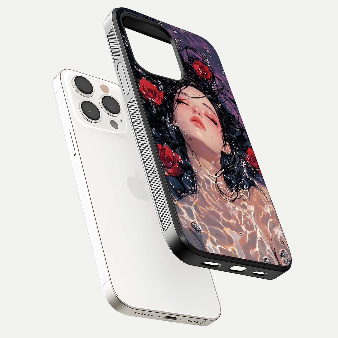 Crimson Rose Serenity Glass Case for iPhone 15 Pro Max floating mockup showing HD gloss and floral texture