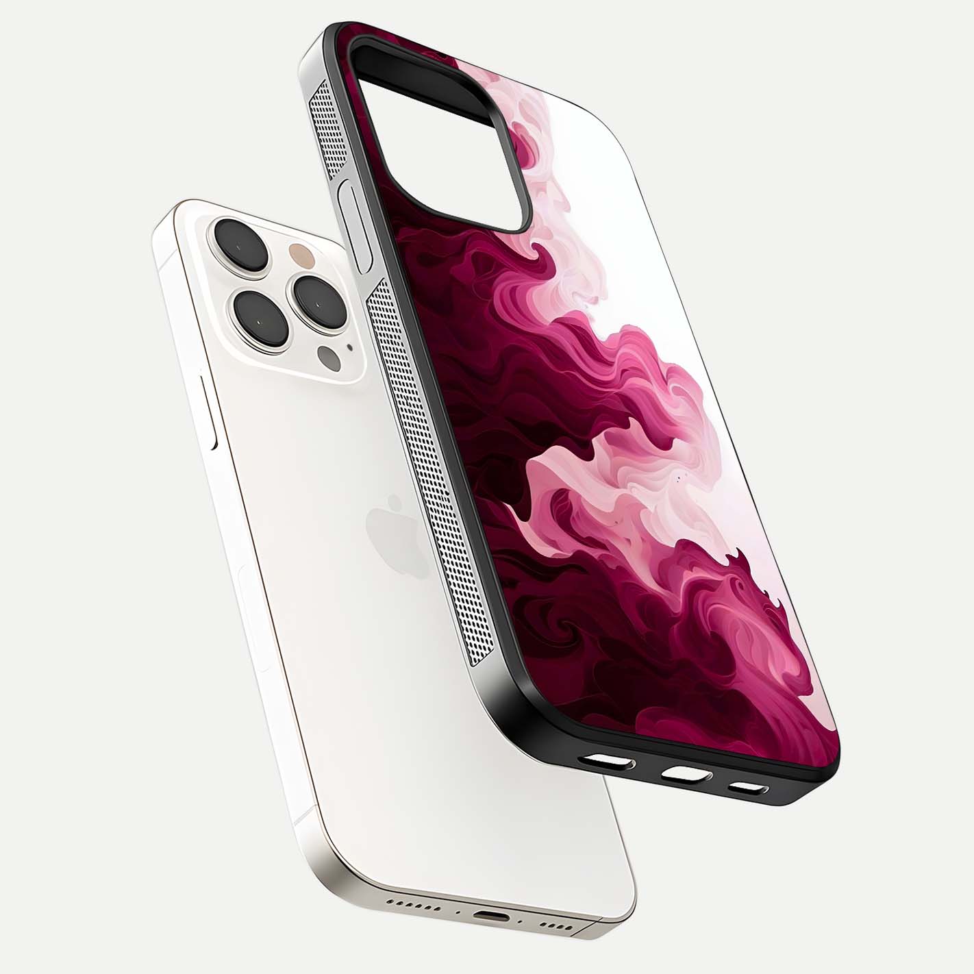 Crimson Wave Flow Glass Case for iPhone 15 Pro Max floating mockup showing gloss shine and smooth edge