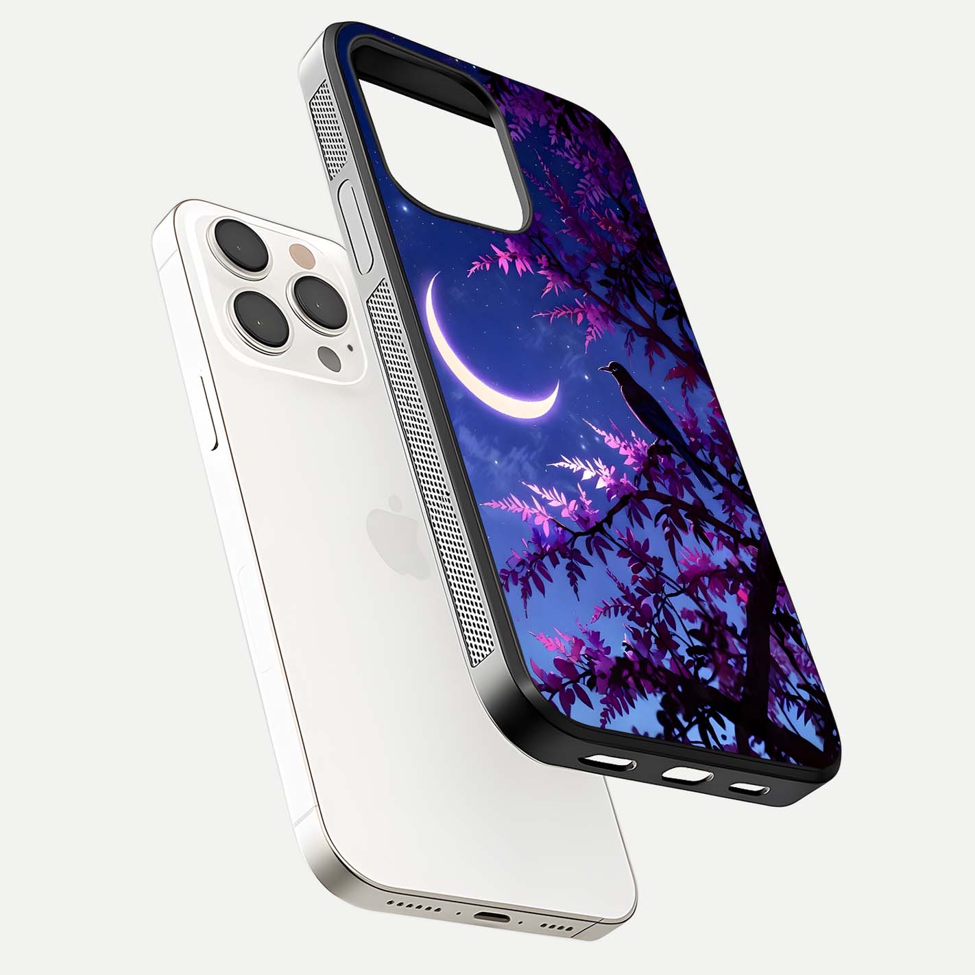 Crow & Moon Scenery Glass Case for iPhone 15 Pro Max floating mockup showing HD gloss texture and soft moonlight glow