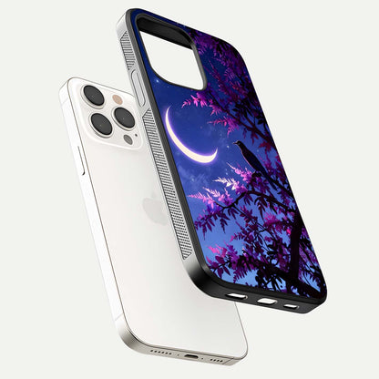 Crow & Moon Scenery Glass Case for iPhone 15 Pro Max floating mockup showing HD gloss texture and soft moonlight glow
