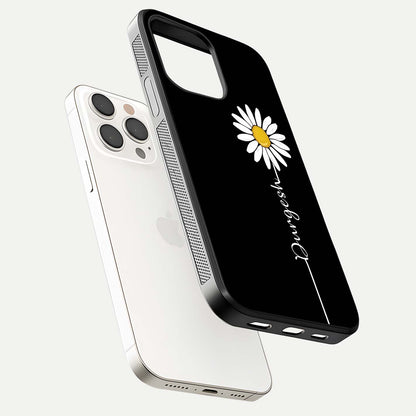 Custom Name White Flower Glass Case for iPhone 15 Pro Max floating mockup displaying HD gloss and delicate texture