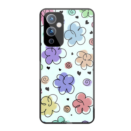 Cute Line Art Flowers Glass Case For OnePlus 9