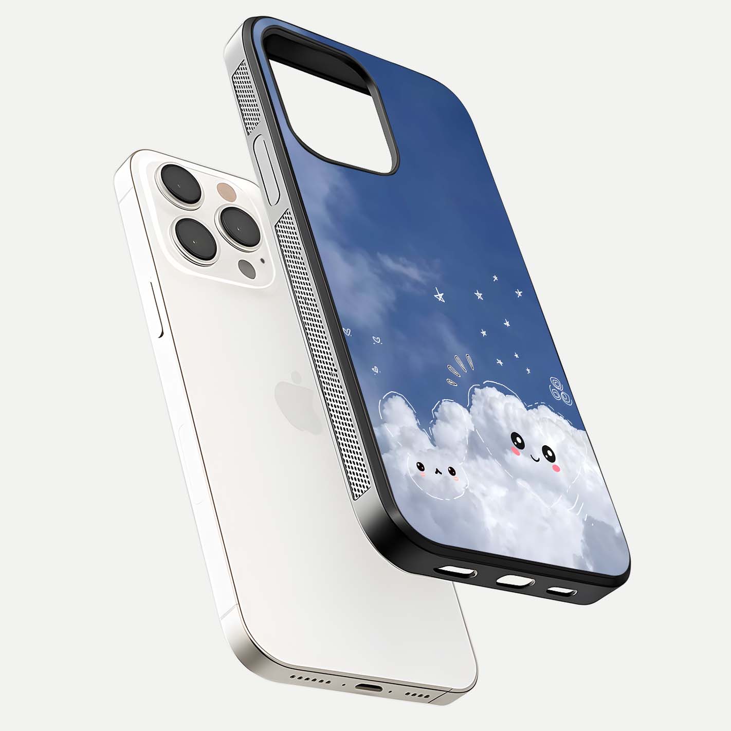Cute Blossom Cloud Glass Case for iPhone 15 Pro Max floating mockup showing HD shine and soft gradient finish