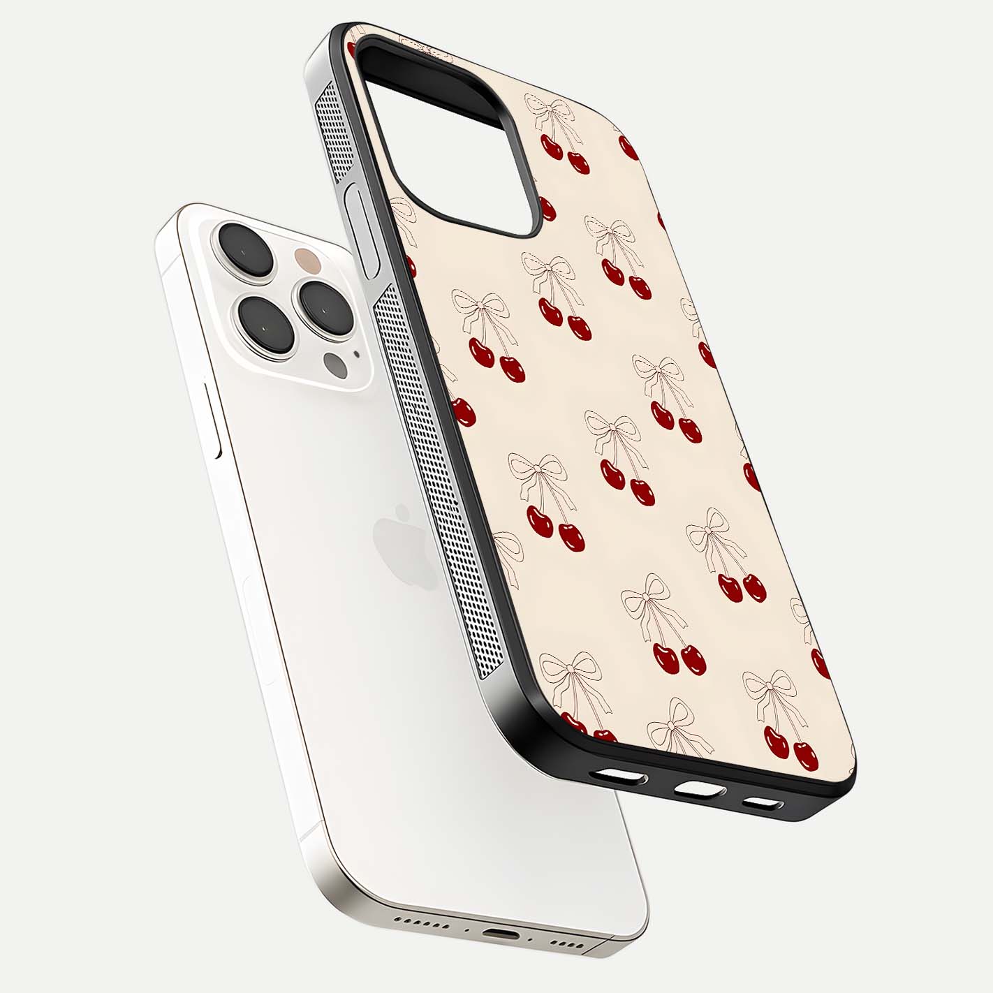 Cute Cherry Pattern Glass Case for iPhone 15 Pro Max floating mockup showing HD gloss shine and clear tones