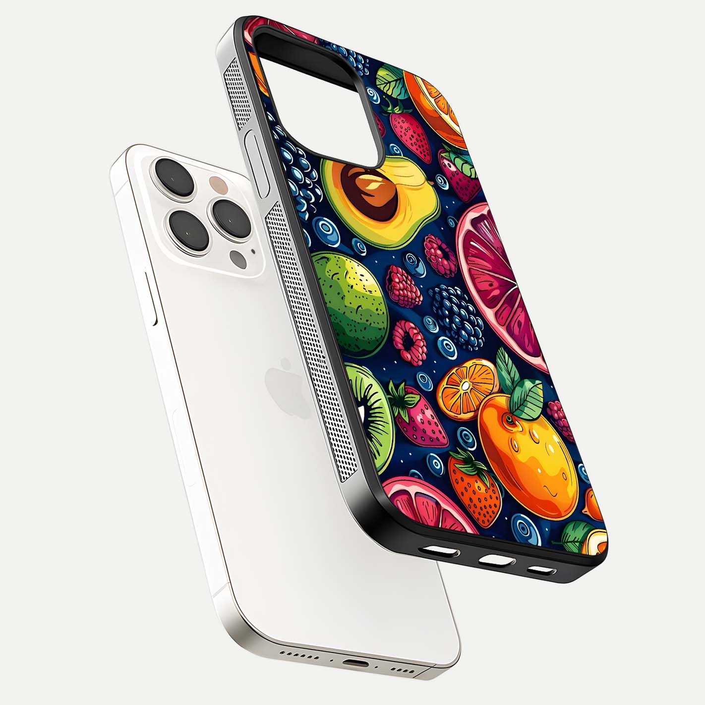 Cute Fruits Art Glass Case for iPhone 15 Pro Max floating mockup showing gloss brightness and vivid artwork