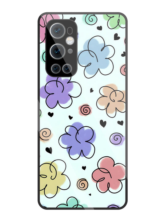 Cute Line Art Flowers Glass Case For OnePlus 9 Pro