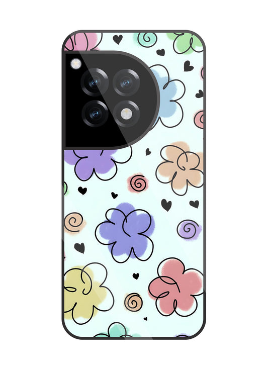 Cute Line Art Flowers Glass Case For OnePlus 12R