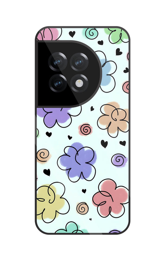 Cute Line Art Flowers Glass Case For OnePlus 11R