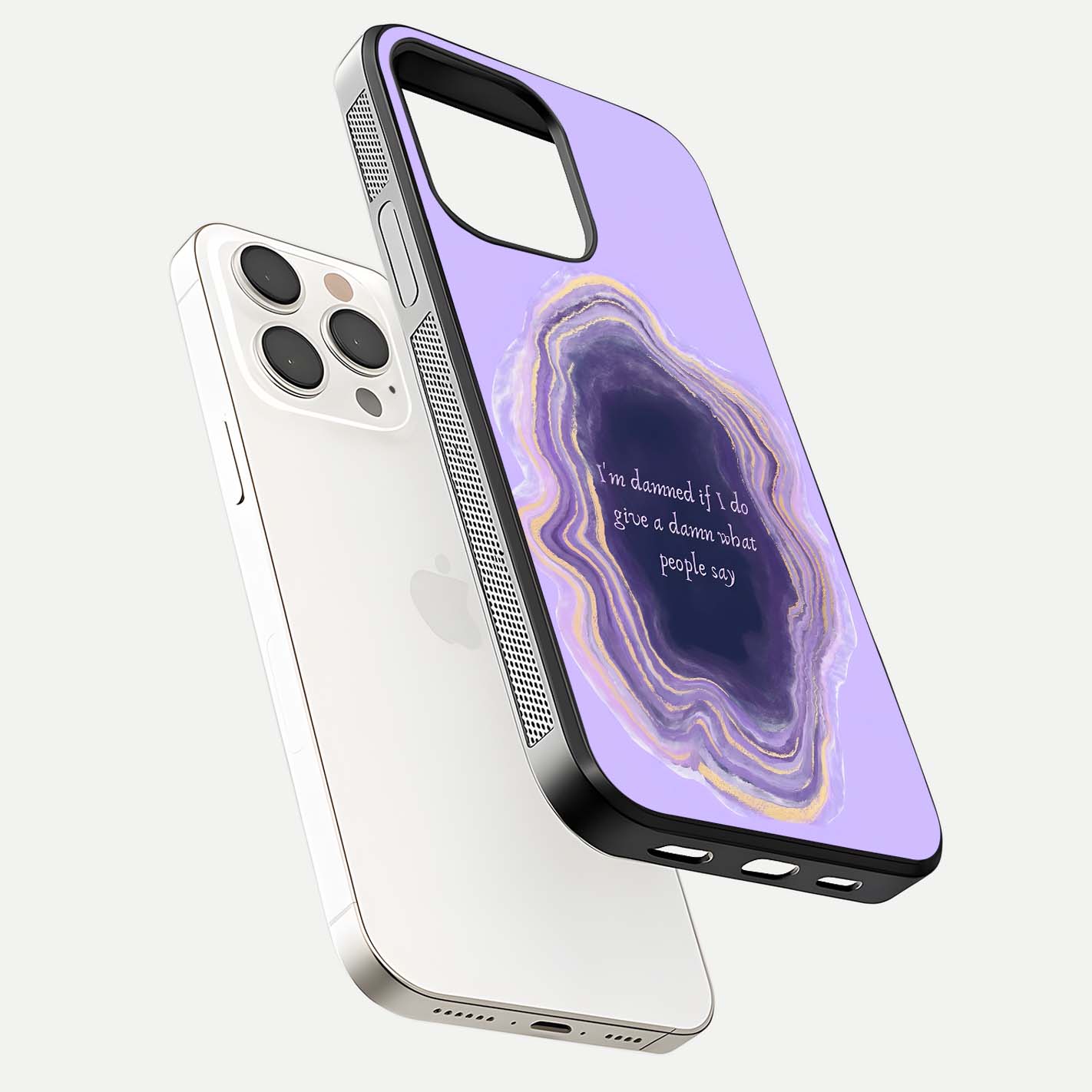 Damned People Quote Glass Case for iPhone 15 Pro Max floating mockup showing gloss reflection and text balance