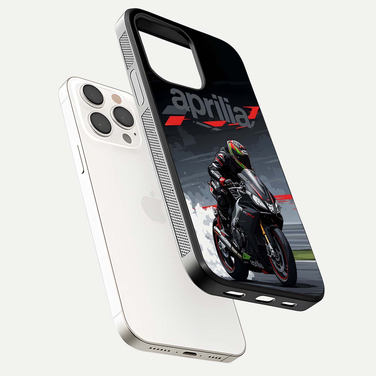 Dark Aprilla Glass Case for iPhone 15 Pro Max floating mockup showing glossy contrast and texture clarity