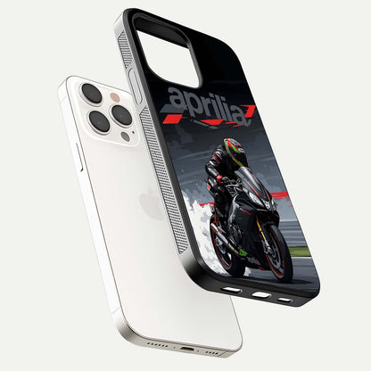 Dark Aprilla Glass Case for iPhone 15 Pro Max floating mockup showing glossy contrast and texture clarity
