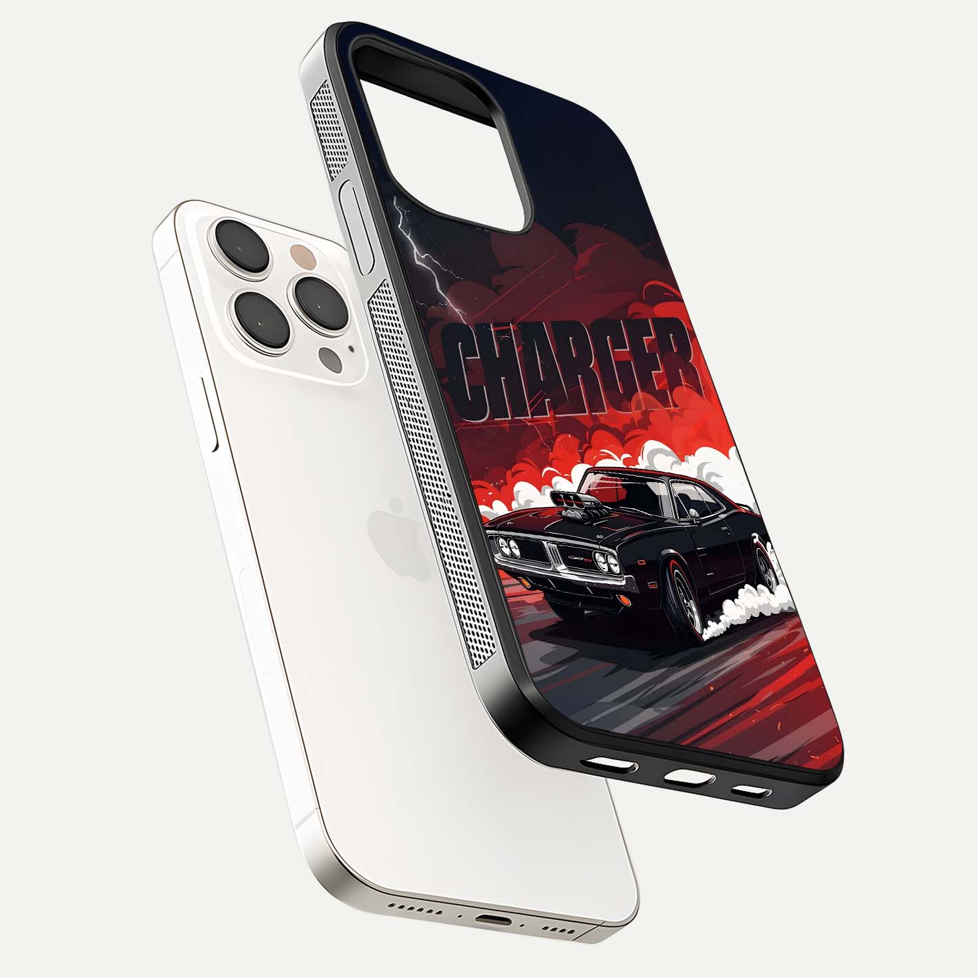Dark Charger Fury Glass Case for iPhone 15 Pro Max floating mockup showing reflection depth and shiny surface
