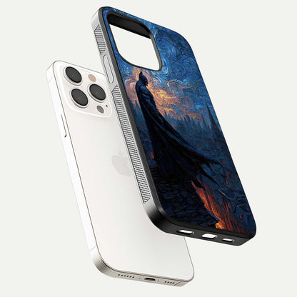Dark Knight Dusk Glass Case for iPhone 15 Pro Max floating mockup showing glossy depth and cinematic lighting