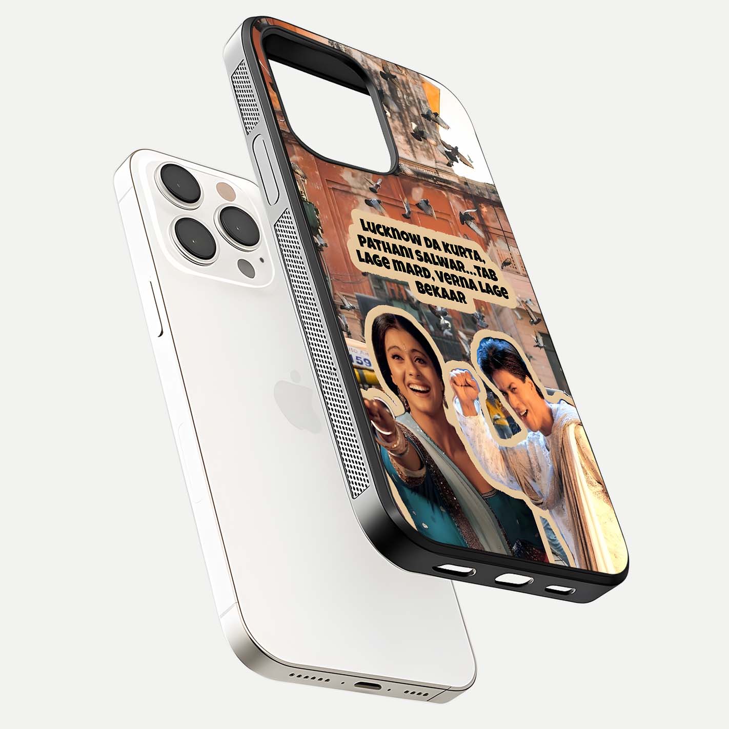 Desi Retro Vibes Glass Case for iPhone 15 Pro Max floating mockup showing shine polish and vivid tones