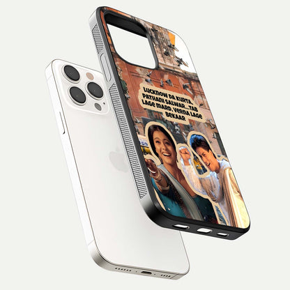 Desi Retro Vibes Glass Case for iPhone 15 Pro Max floating mockup showing shine polish and vivid tones