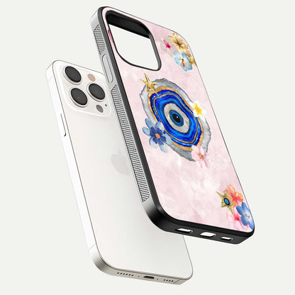 Divine Aura Bloom Glass Case for iPhone 15 Pro Max floating mockup showing gloss texture and elegant design