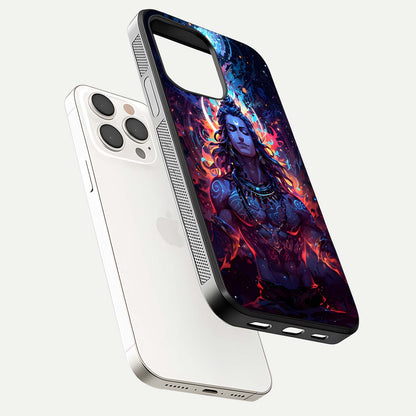 Divine Fire Shiv Glass Case for iPhone 15 Pro Max floating mockup showing glow texture and gloss finish