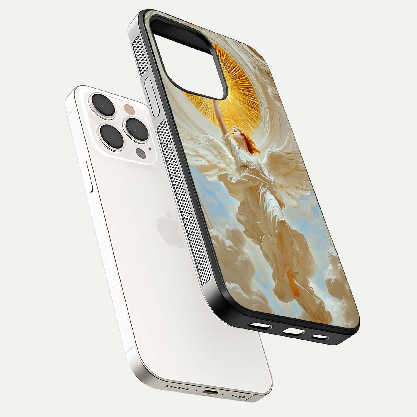 Divine Light Angel Glass Case for iPhone 15 Pro Max floating mockup showing gloss texture and radiant light