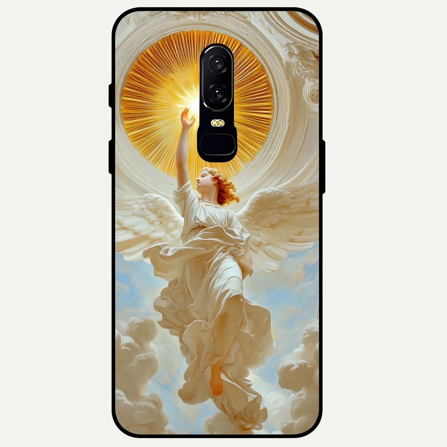 Divine Light Angel Glass Case captured at a warm angle highlighting soft glow, gloss, and edge clarity.