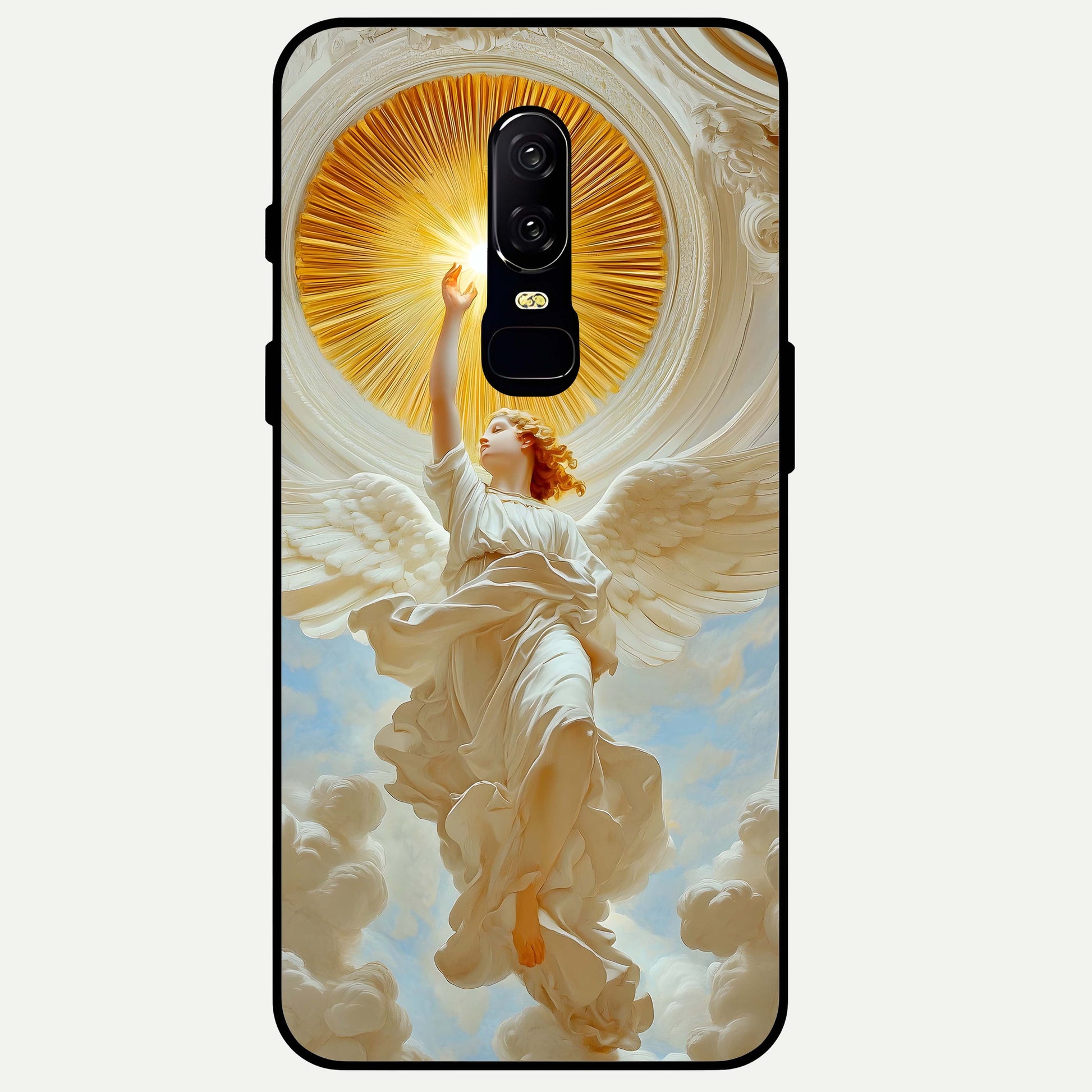 Divine Light Angel Glass Case captured at a warm angle highlighting soft glow, gloss, and edge clarity.