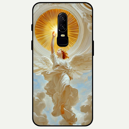 Divine Light Angel Glass Case captured at a warm angle highlighting soft glow, gloss, and edge clarity.