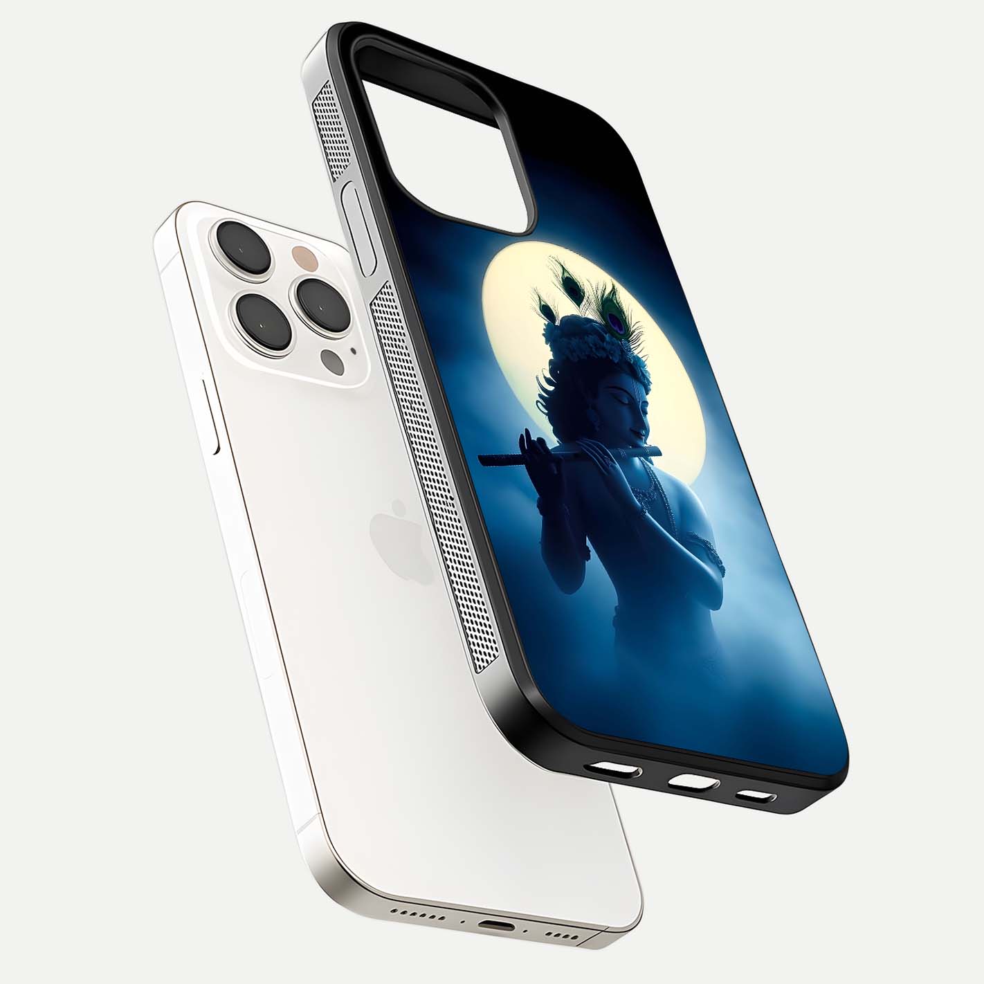 Divine Moon Flute Glass Case for iPhone 15 Pro Max floating mockup showing HD gloss and luminous texture