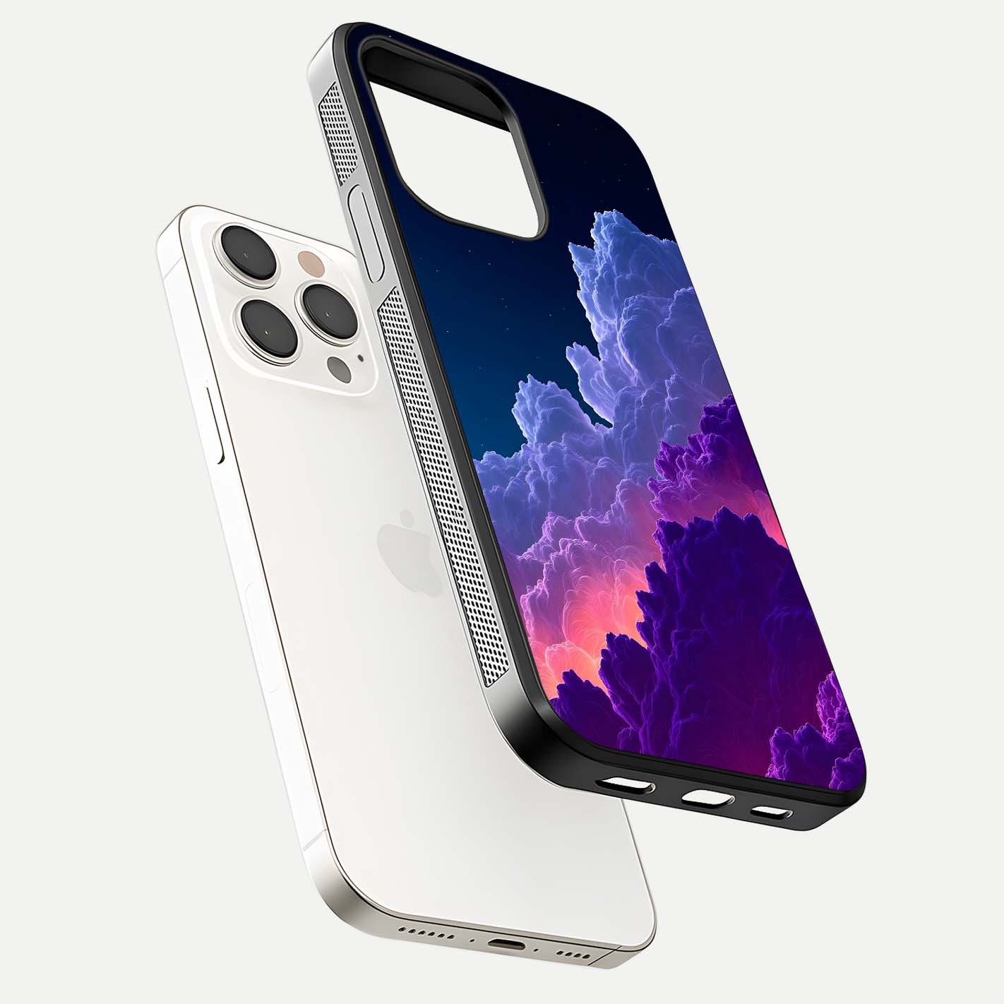 Dreamy Cloud Skies Glass Case for iPhone 15 Pro Max floating mockup showing glossy depth and delicate tone