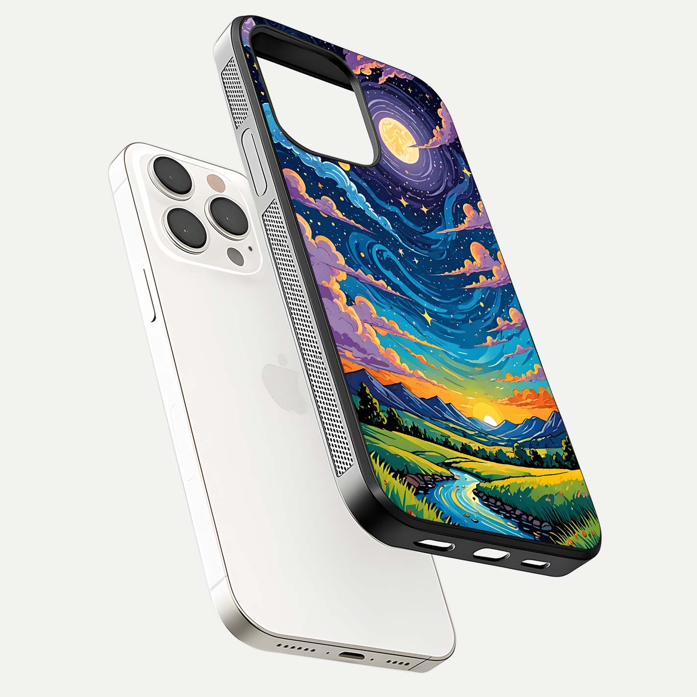 Dreamy Night Landscape Glass Case for iPhone 15 Pro Max floating mockup showing glossy depth and serene color