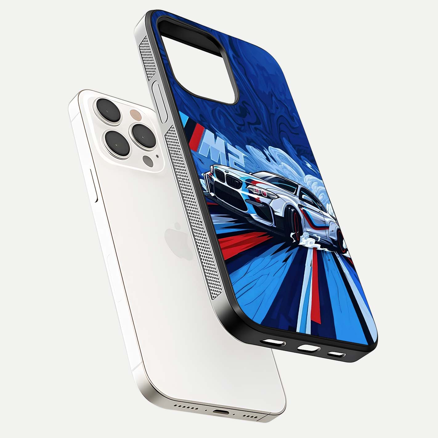 Drift Power Rush Glass Case for iPhone 15 Pro Max floating mockup showing gloss polish and speed-theme design