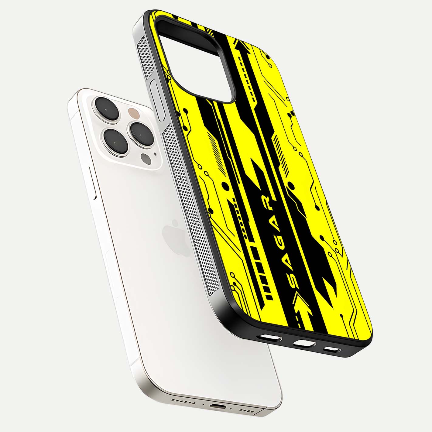 Electric Pulse CYBERPUNK Custom Name Glass Case for iPhone 15 Pro Max floating mockup showing HD gloss and vibrant cyberpunk glow