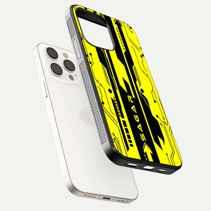 Electric Pulse CYBERPUNK Custom Name Glass Case for iPhone 15 Pro Max floating mockup showing HD gloss and vibrant cyberpunk glow