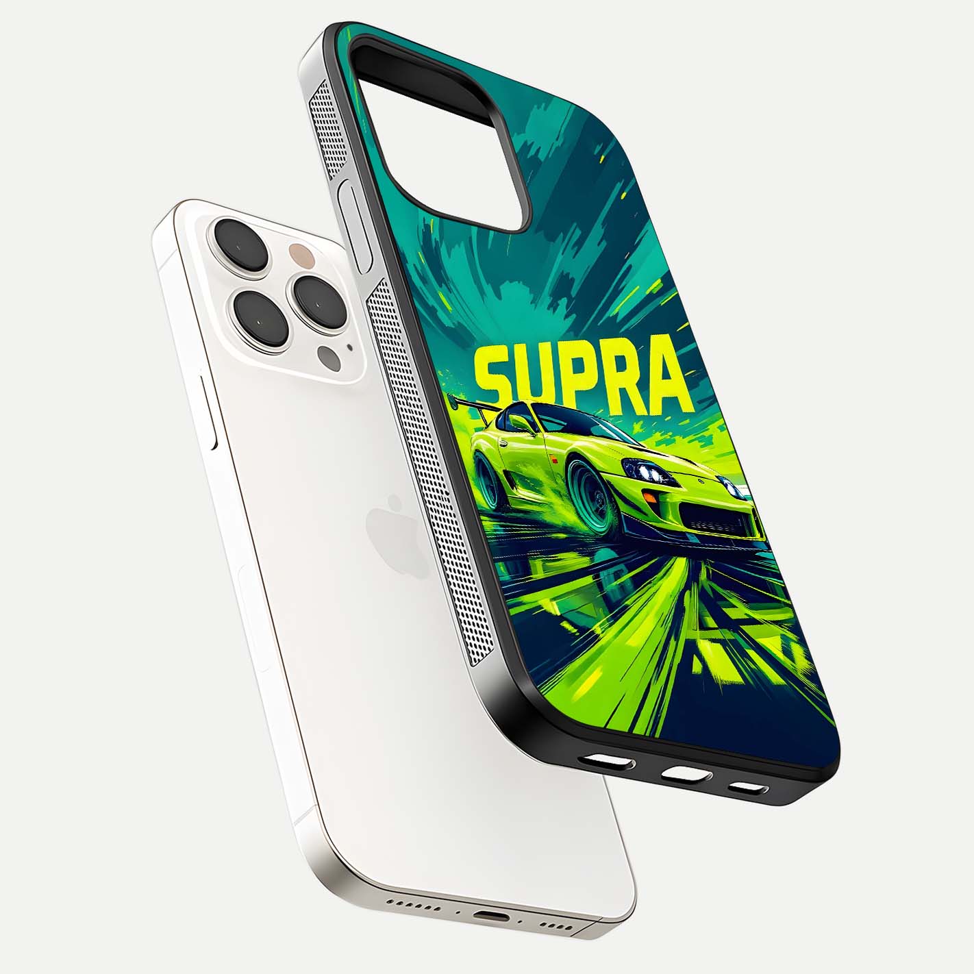 Electric Supra Thunder Glass Case for iPhone 15 Pro Max floating mockup showing gloss depth and energy glow