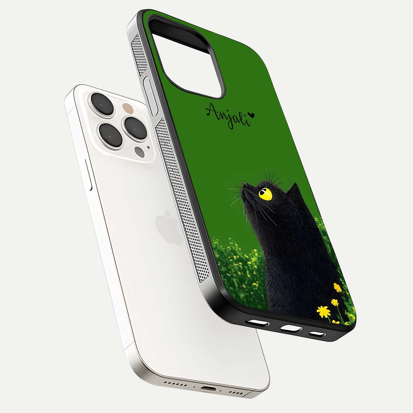 Emerald Cat Custom Name Glass Case for iPhone 15 Pro Max floating mockup showing HD gloss and soft gradient