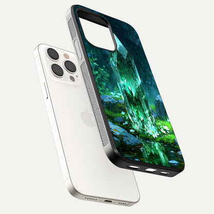 Emerald Light Crystal Glass Case for iPhone 15 Pro Max floating mockup showing glossy finish and radiant light pattern