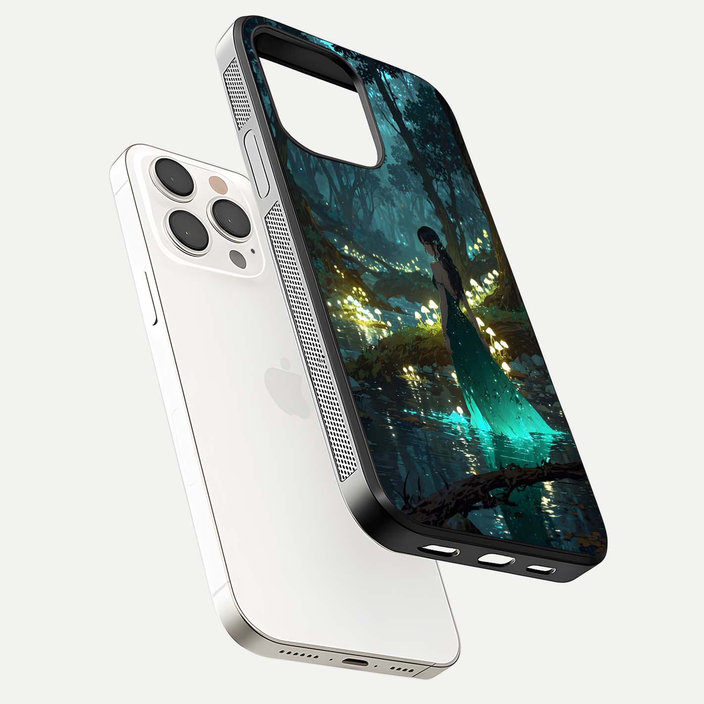 Enchanted Forest Glow Glass Case for iPhone 15 Pro Max floating mockup showing gloss polish and fantasy vibe