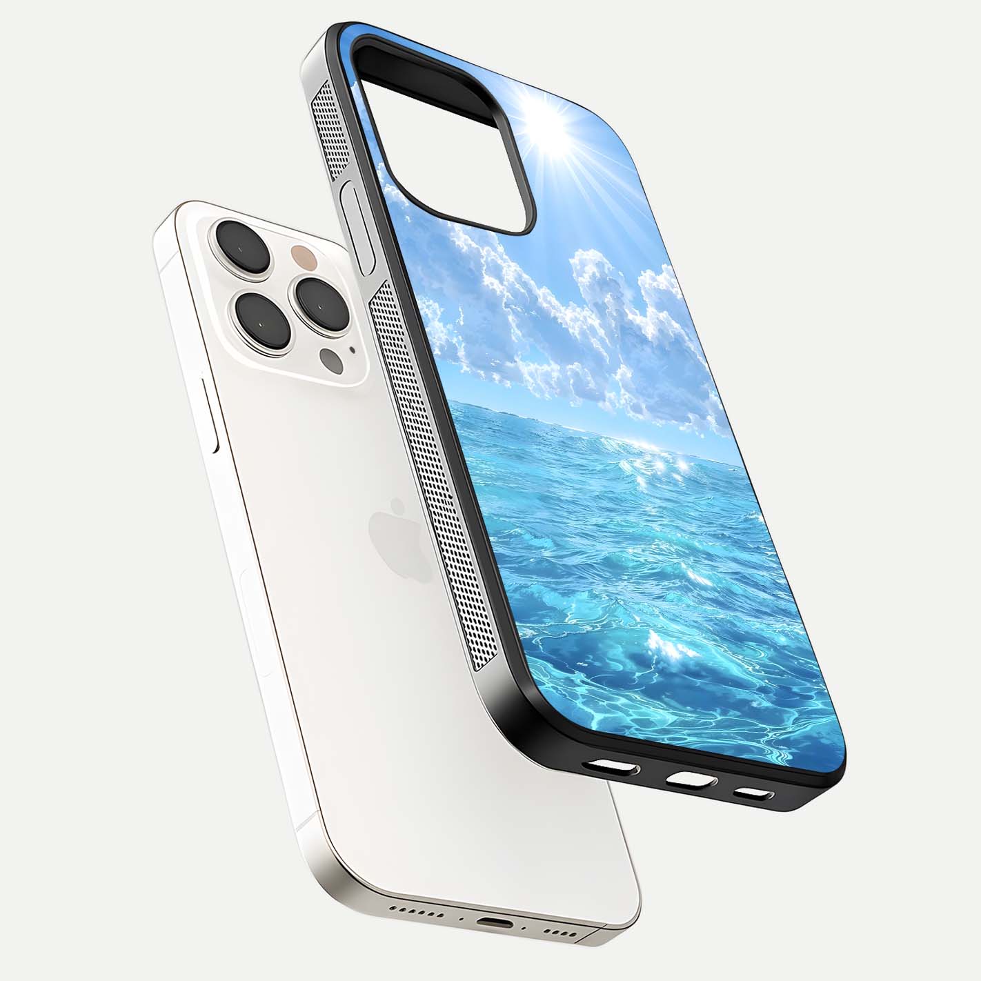 Endless Ocean Horizon Glass Case for iPhone 15 Pro Max floating mockup showing HD gloss and tranquil color
