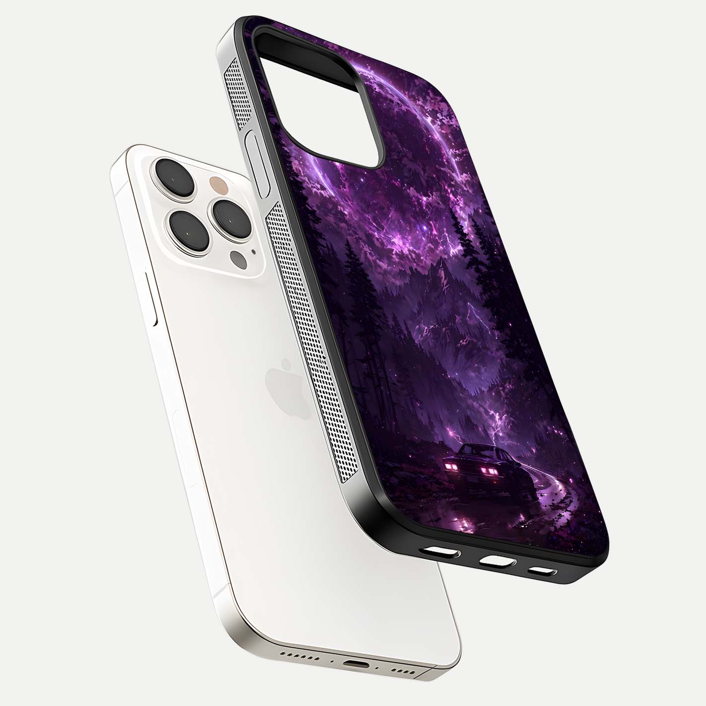 Eternal Cosmic Drive Glass Case for iPhone 15 Pro Max floating mockup showing glossy polish and vivid glow