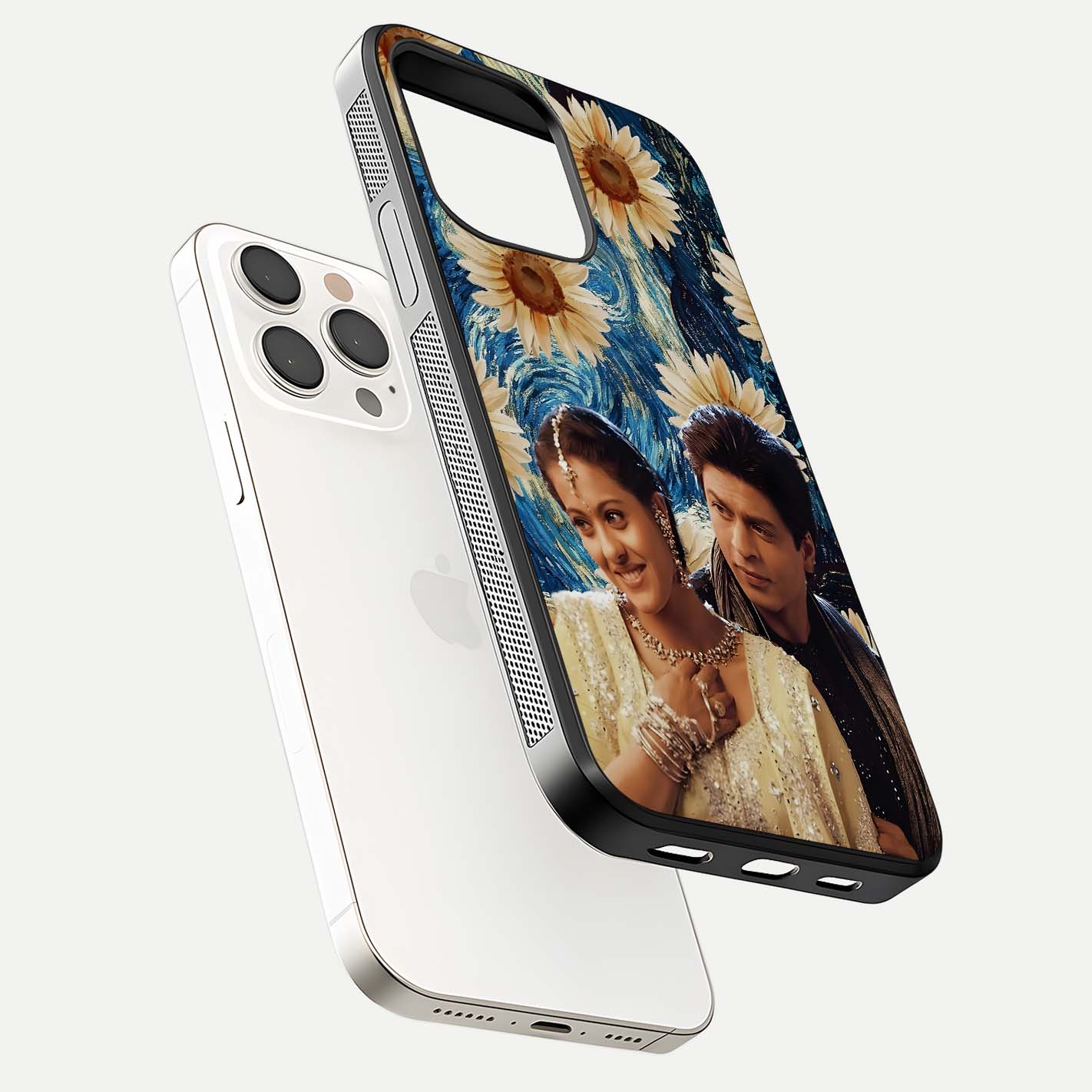 Eternal Love Story Glass Case for iPhone 15 Pro Max floating mockup showing glossy shine and romantic tone