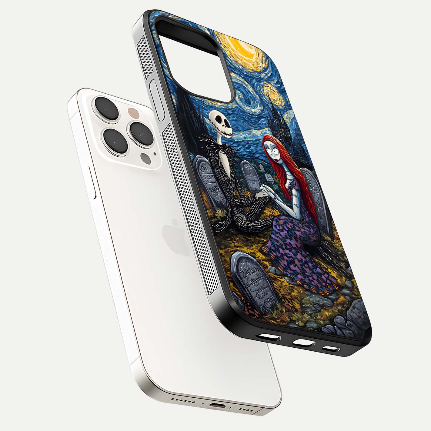 Eternal Night Love Glass Case for iPhone 15 Pro Max floating mockup showing gloss brightness and romantic vibe