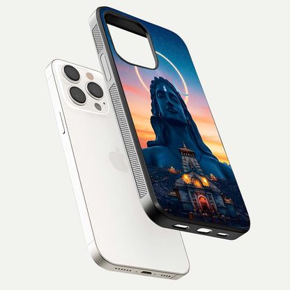 Eternal Shiva Aura Glass Case for iPhone 15 Pro Max floating mockup showing gloss texture and spiritual glow