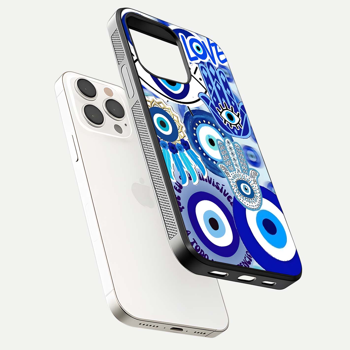 Evil Eyes Dream Glass Case for iPhone 15 Pro Max floating mockup showing glossy shine and elegant pattern clarity