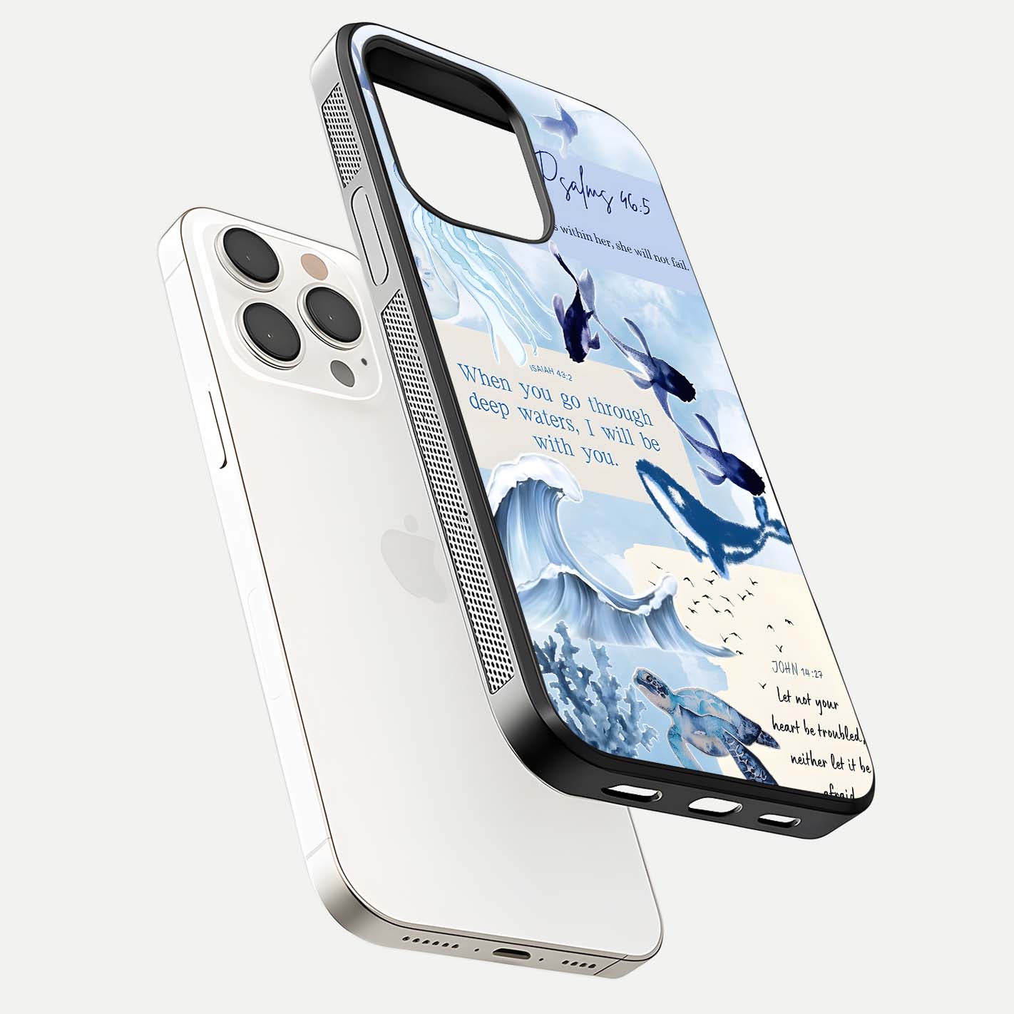 Faithful Ocean Promise Glass Case for iPhone 15 Pro Max floating mockup displaying glossy surface and vivid depth