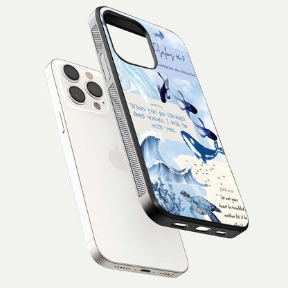 Faithful Ocean Promise Glass Case for iPhone 15 Pro Max floating mockup displaying glossy surface and vivid depth